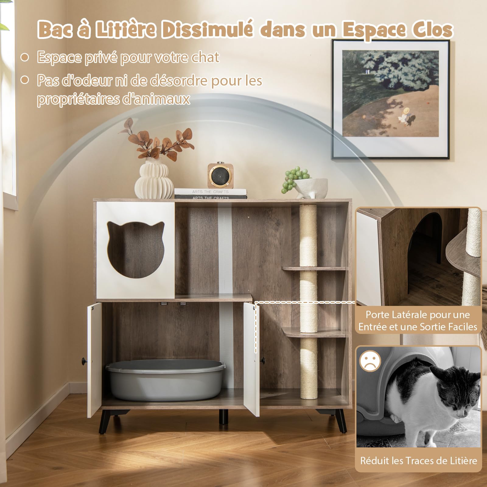 GYMAX Meuble Cache-Bac à Litière pour Chat, 3 Griffoirs à Gratter, Plateformes de Sauts, Condo pour Chat, Maison pour Chats d'Intérieur 2 Niveaux