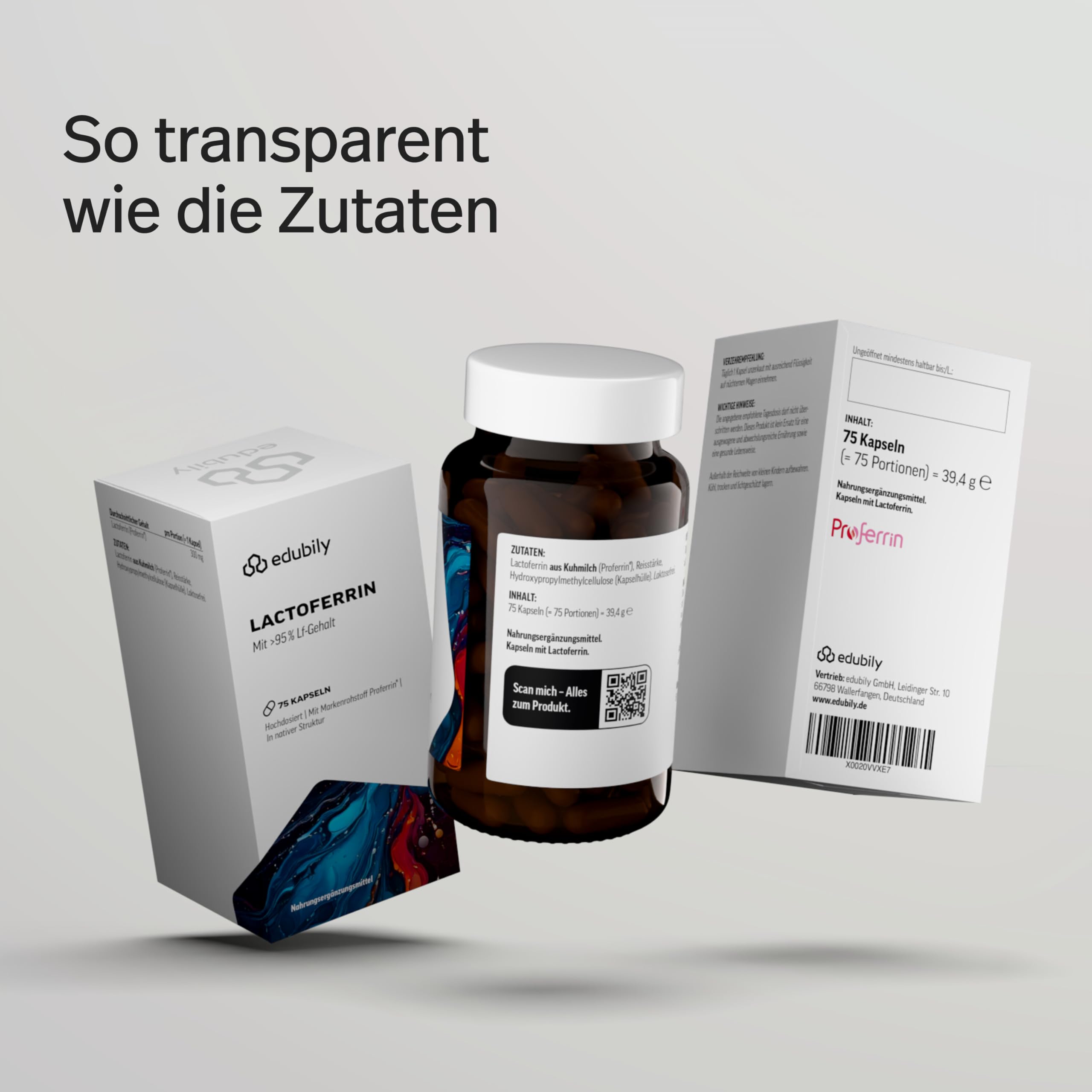 edubily® Lactoferrin - Lactoferrin Kapseln als hochwertiges eisenbindendes Protein - mit Proferrin® Markenrohstoff (>95% Lactoferrin), 300 mg pro Kapsel - 1 Kapsel täglich (75 Kapseln, laktosefrei)