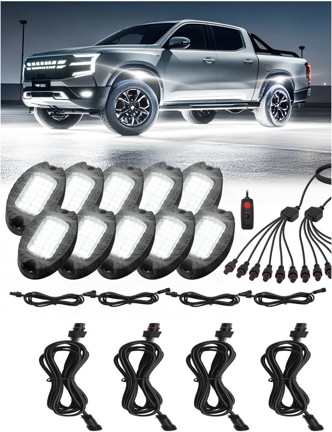 10 Pods Pure White LED Rock Lights and 4 Pieces of 78-Inch/6.56-Foot 2-Pin White LED Rock Light Extension Cable Set
