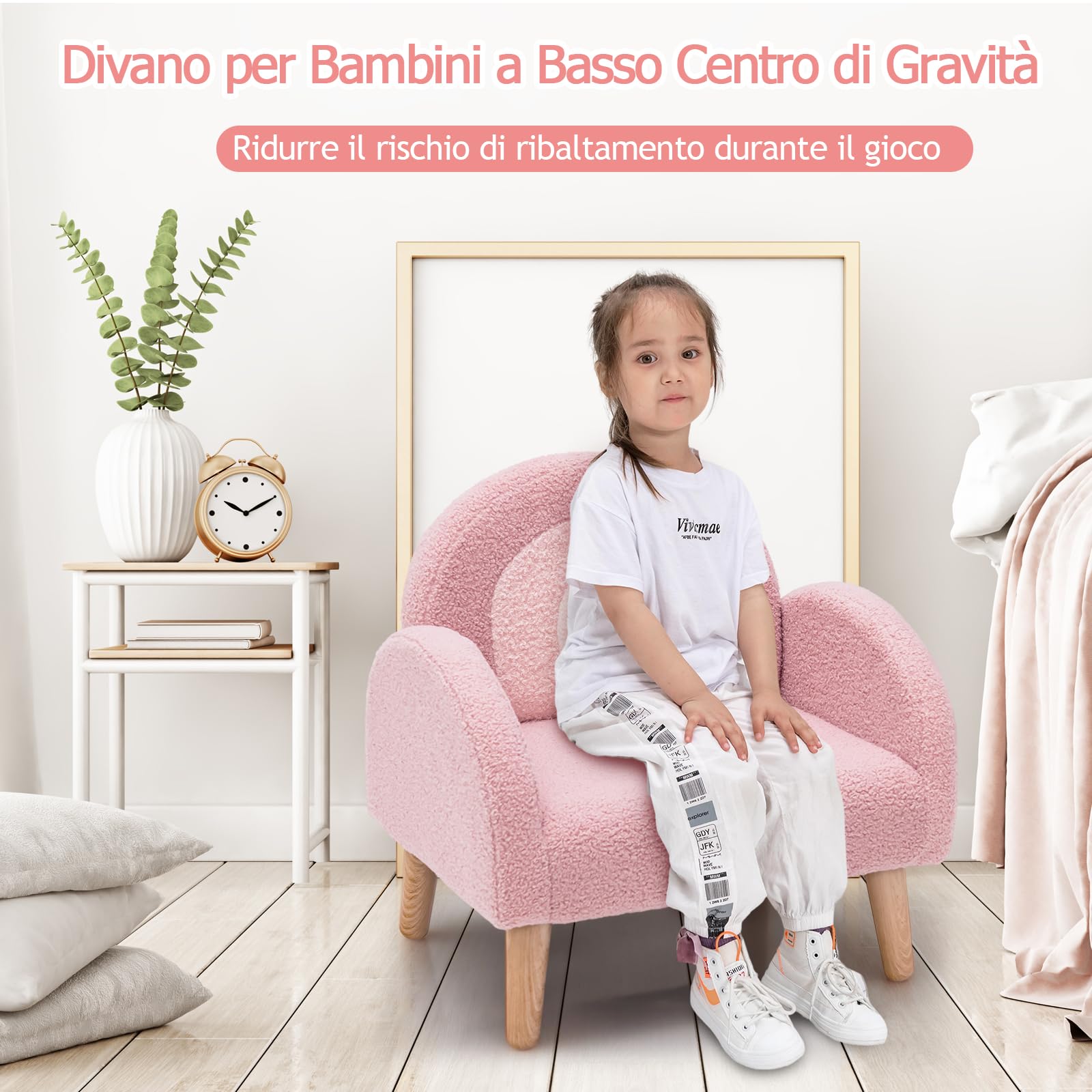 COSTWAY Divano Sedia per Bambini con Tessuto Morbido, Sedia Imbottita con Schiuma ad Alta Elasticità Gambe in Legno Massiccio, Adatta per Asilo Sala, Giochi Camera (rosa)