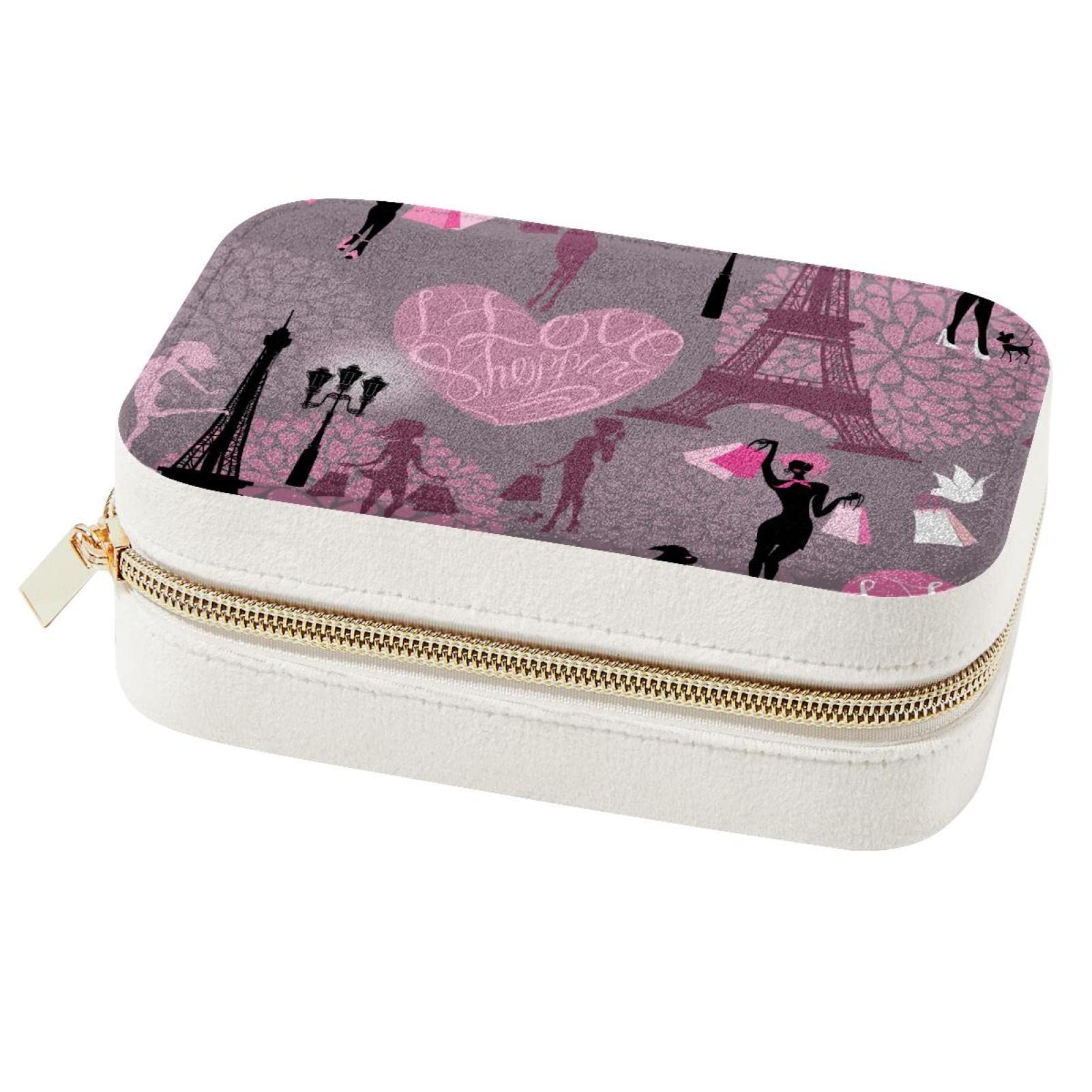 Boîte à bijoux portable Tour Eiffel rose mini organiseur de voyage bagues