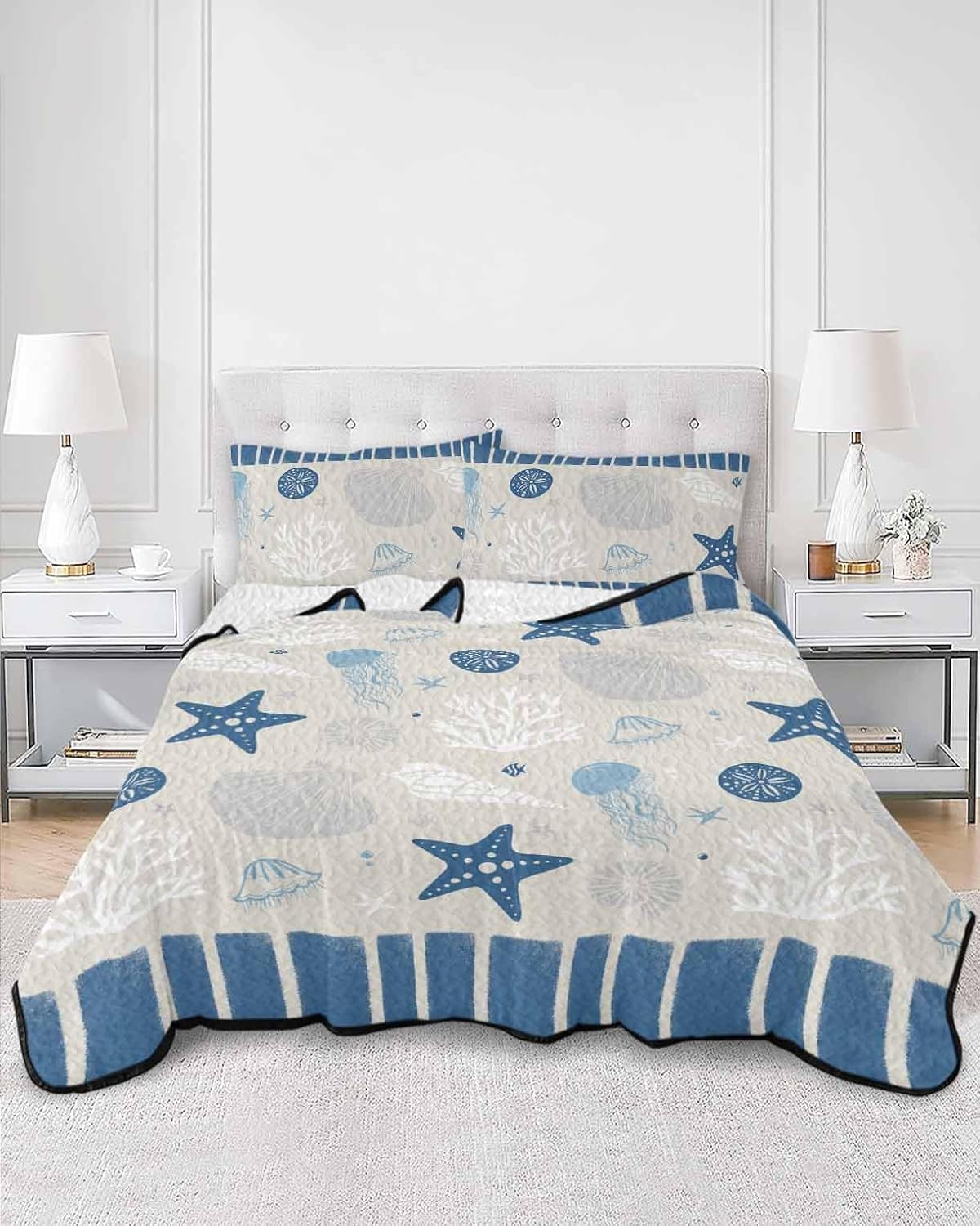 King Size Quilt Set, Ocean Starfish Shell Conch Octopus Lightweight Bedspread Coverlet Set Summer Quilt with 2 Pillow Shams, Marine Theme Coral Blue Stripe 3 Piece Comforter Bedding Set