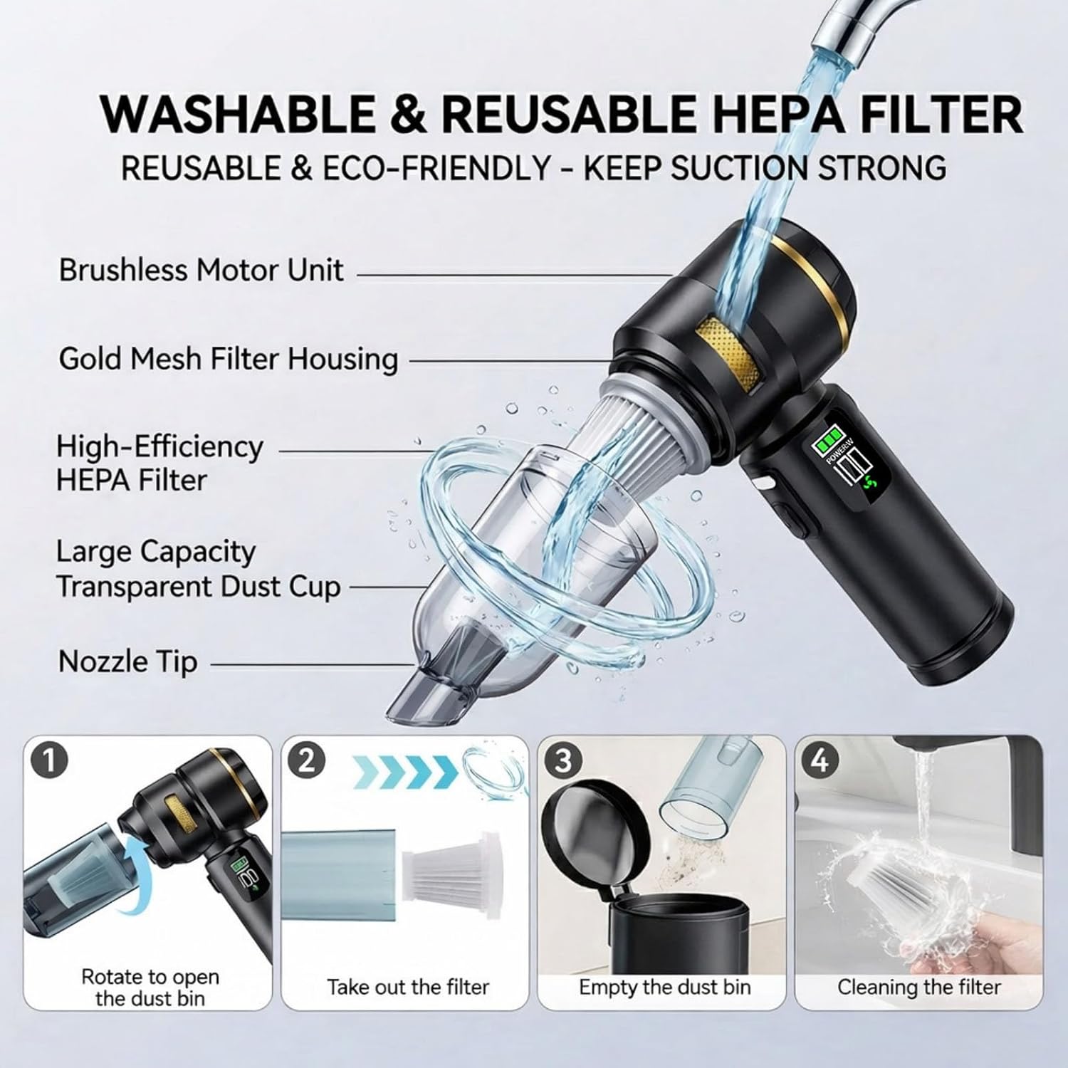 Handheld Car Vacuum Cleaner, 17000Pa High Power Cordless Vacuum Cleaner, 4-in-1 Portable Mini Air Duster, with LED Light and Multi-Nozzles, Vacuum for Car, Home, Office, Pet Hair