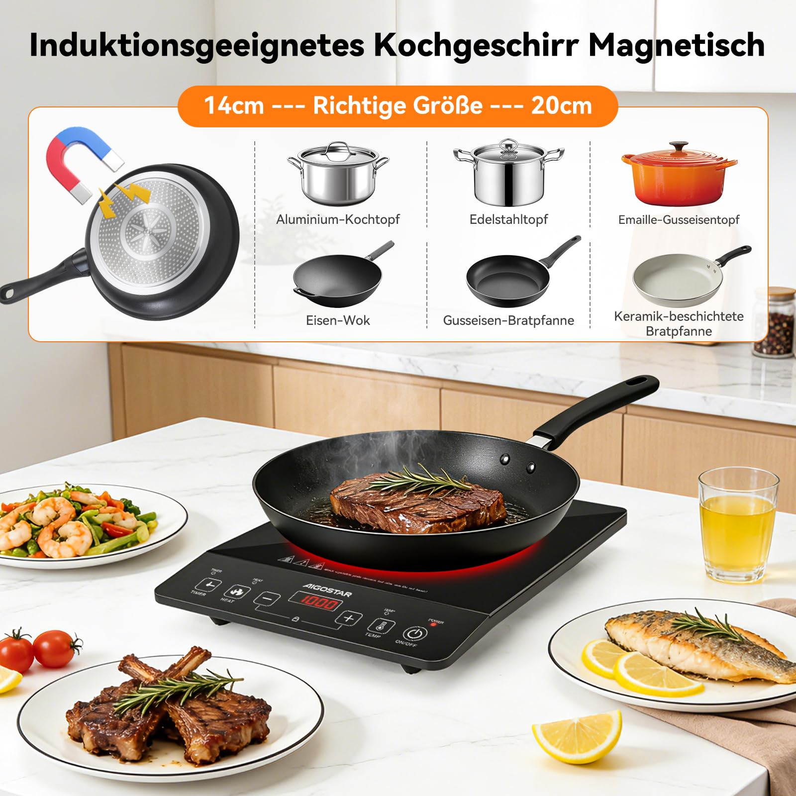 Aigostar Induktionskochfeld 1 Platte, 2000W, 10 Stufen, Timer, Kindersicherung, Tragbar