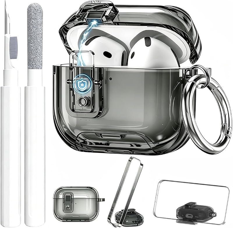 Compatible con Airpods 4 Funda transparente con soporte para teléfono con bloqueo, TPU suave magnético con bloqueo automático Apple AirPods 4ª generación Funda protectora Piel Mujer Hombre + Kit de limpieza para iPod 4 2024 Funda Negro