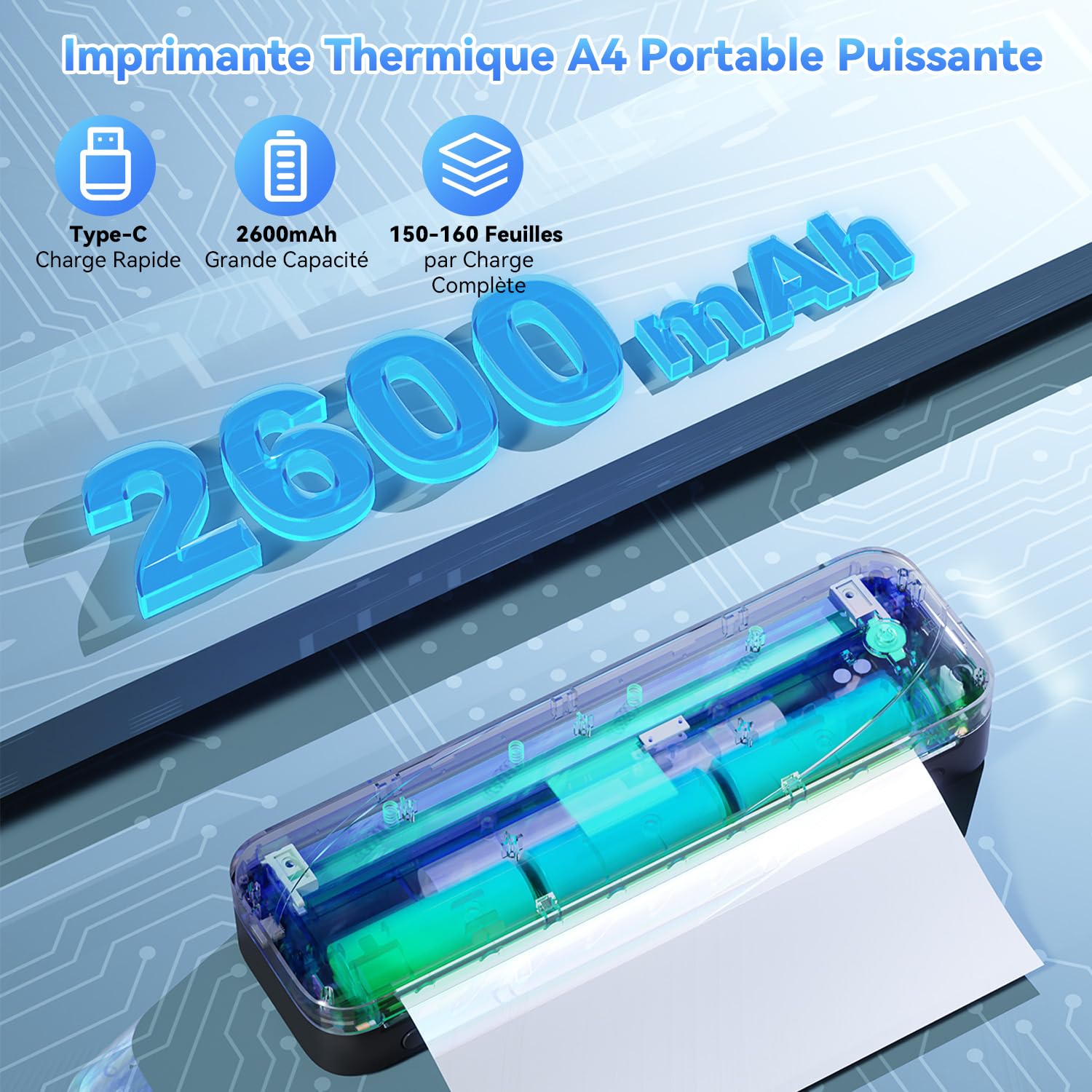 Phomemo M833 Imprimante Thermique A4 300 DPI sans Encre, Batterie 2600mAh, Compatible PC Android iOS Noir