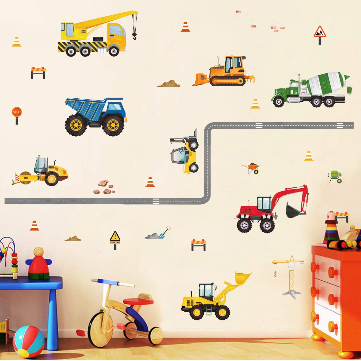 Runtoo Construction Vehicles Wall Decals Road Trucks Tractor Wall