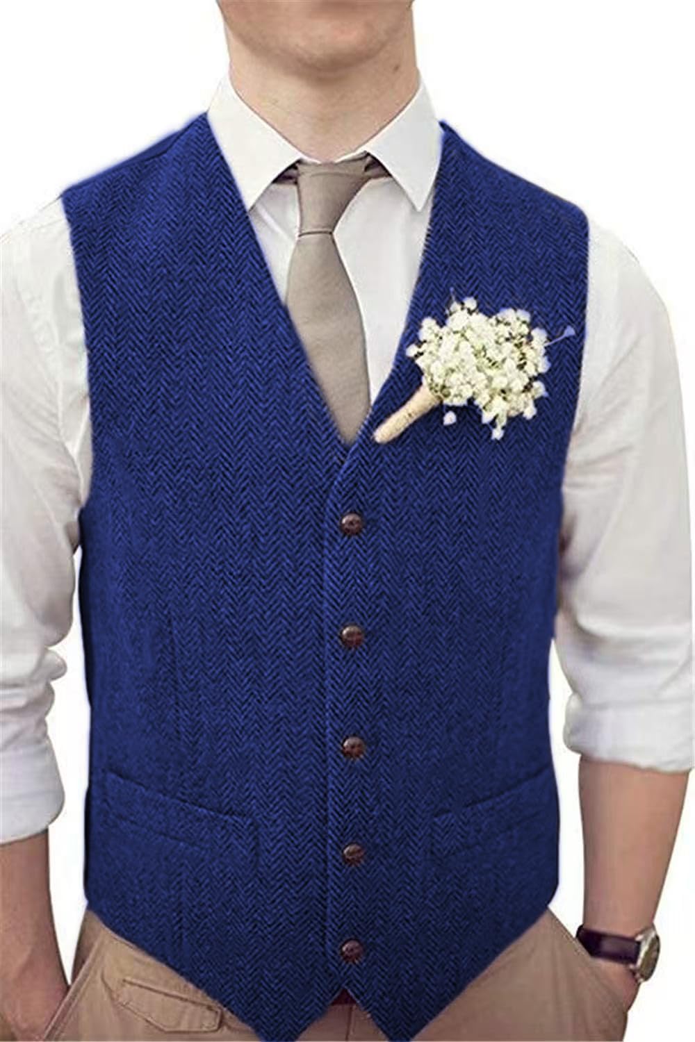 Men's Wool Herringbone Groom Vests Formal Groom's Wear Suit Tweed Vest Skinny Wedding Dress Waistcoat