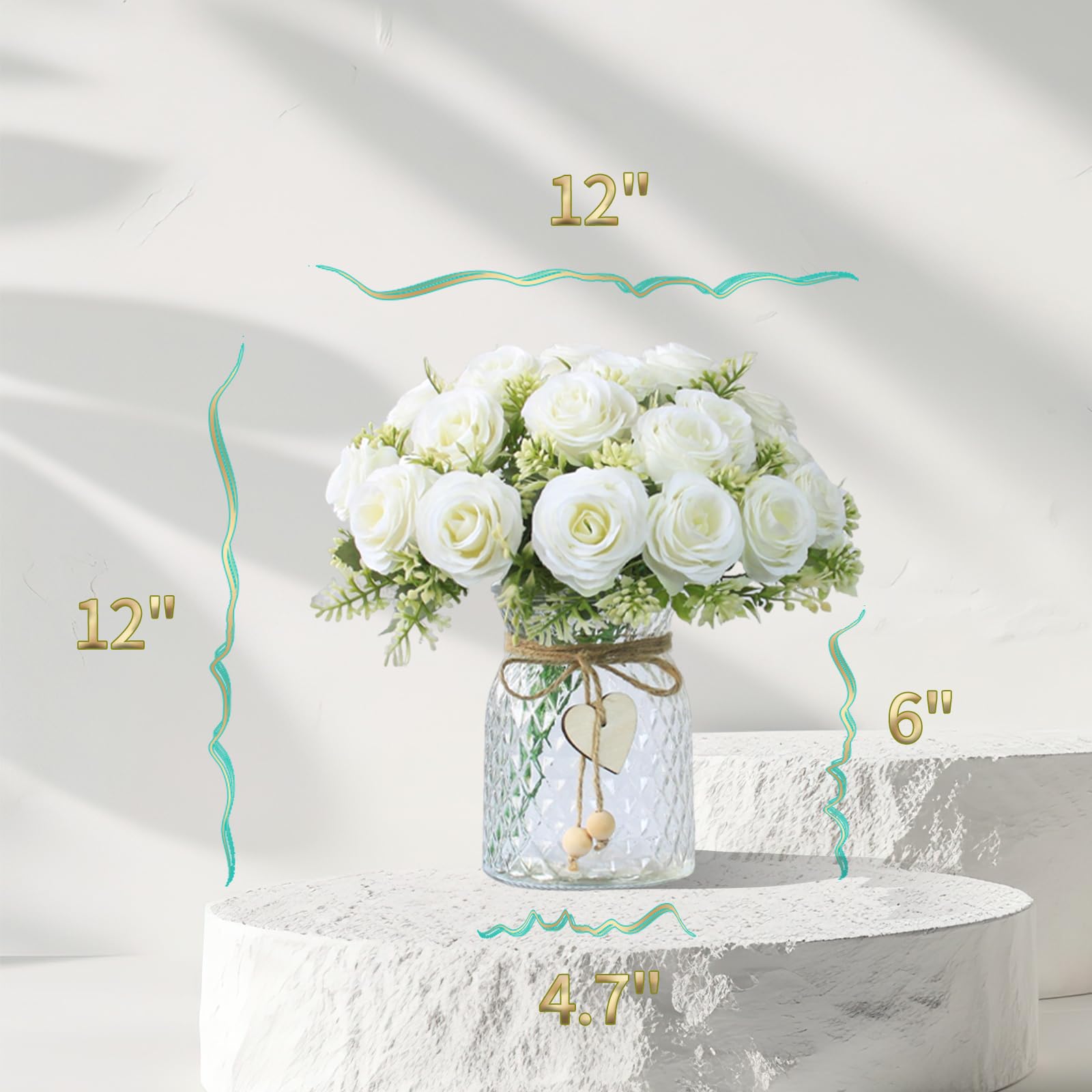 Flores falsas con jarrón, 18 rosas sintéticas, flores artificiales para decoración del hogar, centro de mesa de interior para sala de estar y mesa de comedor (blanco) 6
