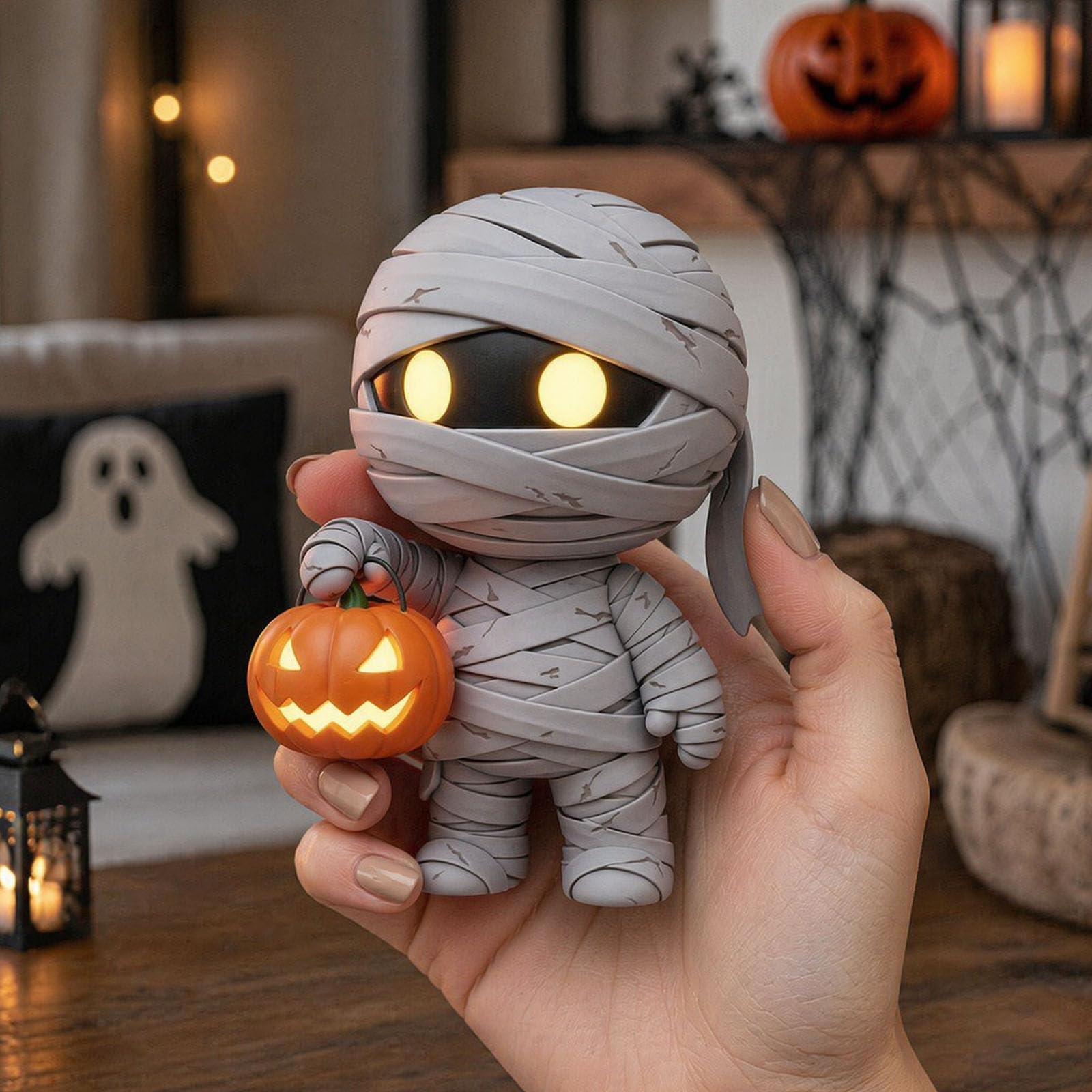 Halloween Mummy Pumpkin Glowing Resin Figurine for Tabletop