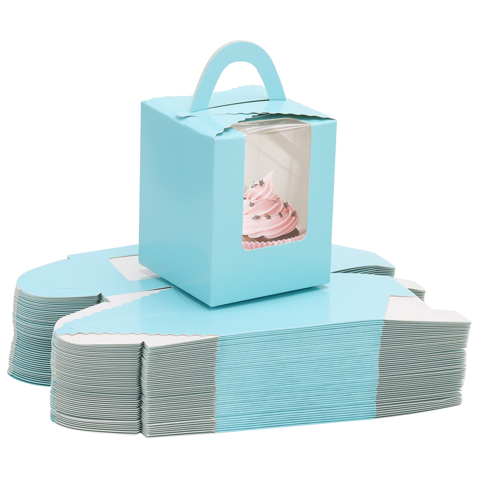 100 cajas para cupcakes con asa de ventana e insertos para regalo de boda, fiesta de cumpleaños (azul)