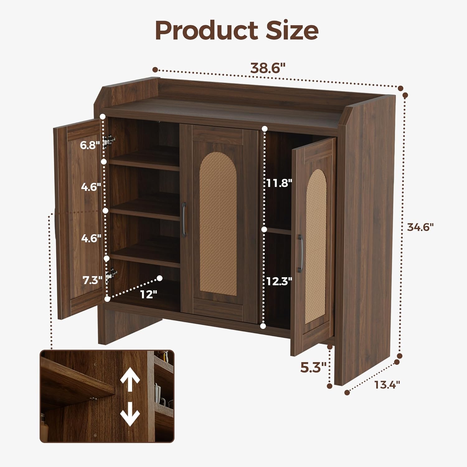 Mericonia Rattan Shoe Storage Cabinet, Farmhouse Shoe Cabinets Storage for Entryway, Boho Wooden Shoe Rack with 3 Doors for Entryway, Hallway (Walnut, 3 Door)