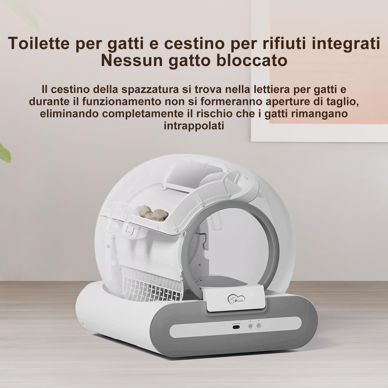 DOEL Upgrade Lettiera Autopulente 65L Grande Capacità, Tripla Protezione di Sicurezza, Vassoio Automatico per Lettiere per Gatti, APP Monitoraggio Salute, Adatta a Più Gatti con Tappetino e Fodere
