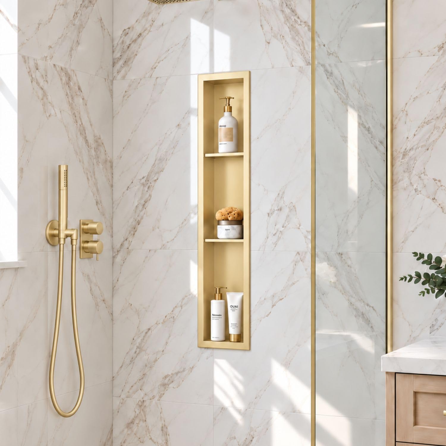 36 x 6 Inch Stainless Steel Shower Niche, No Tile Needed Wall Niche with 3- Tier Shelves, Recessed Wall Niche Insert for Bathroom Shower Kitchen Storage, Brush Gold