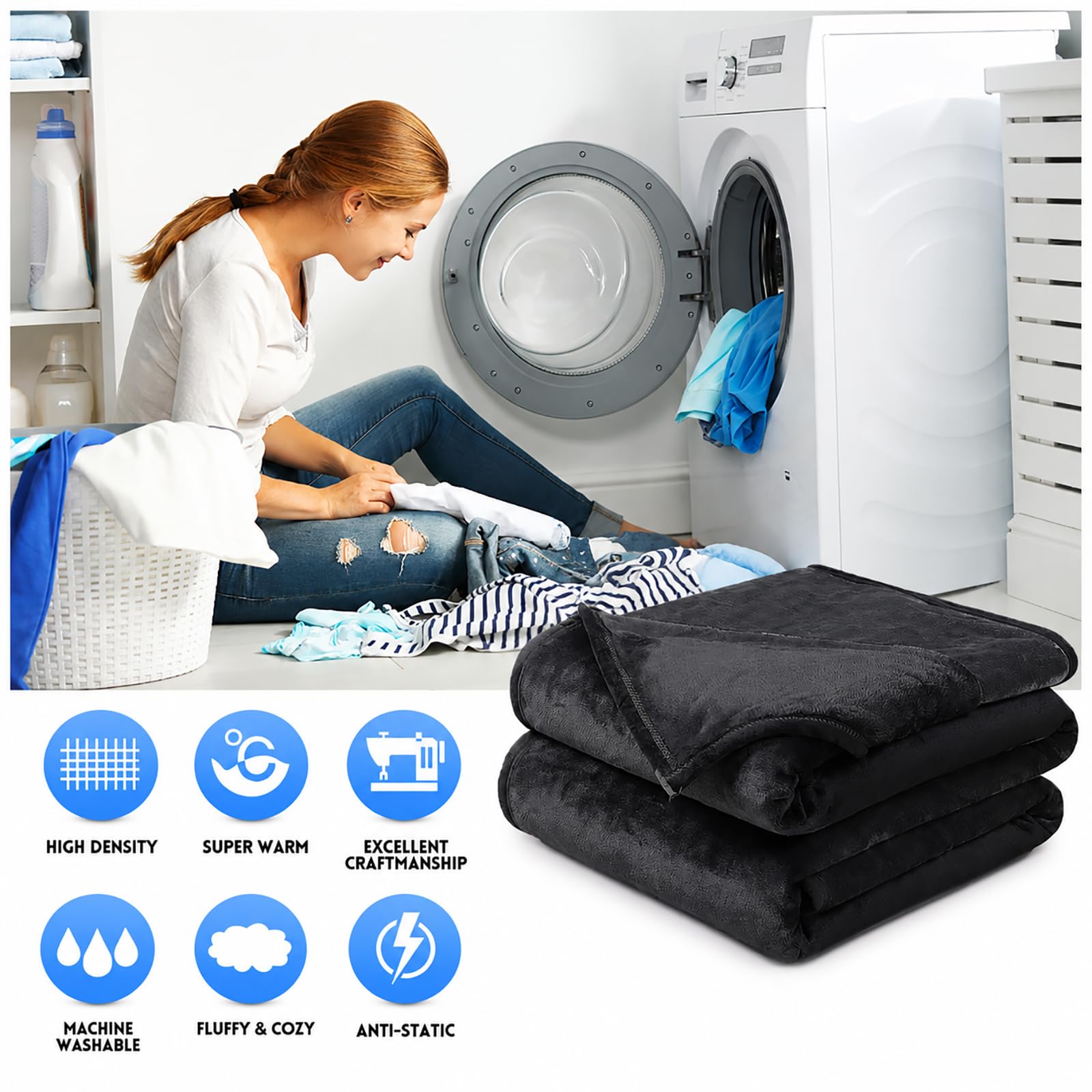 Manta suave California King cálida y mullida de microfelpa, manta térmica ligera para sofá y cama, 102 x 108 pulgadas, color negro