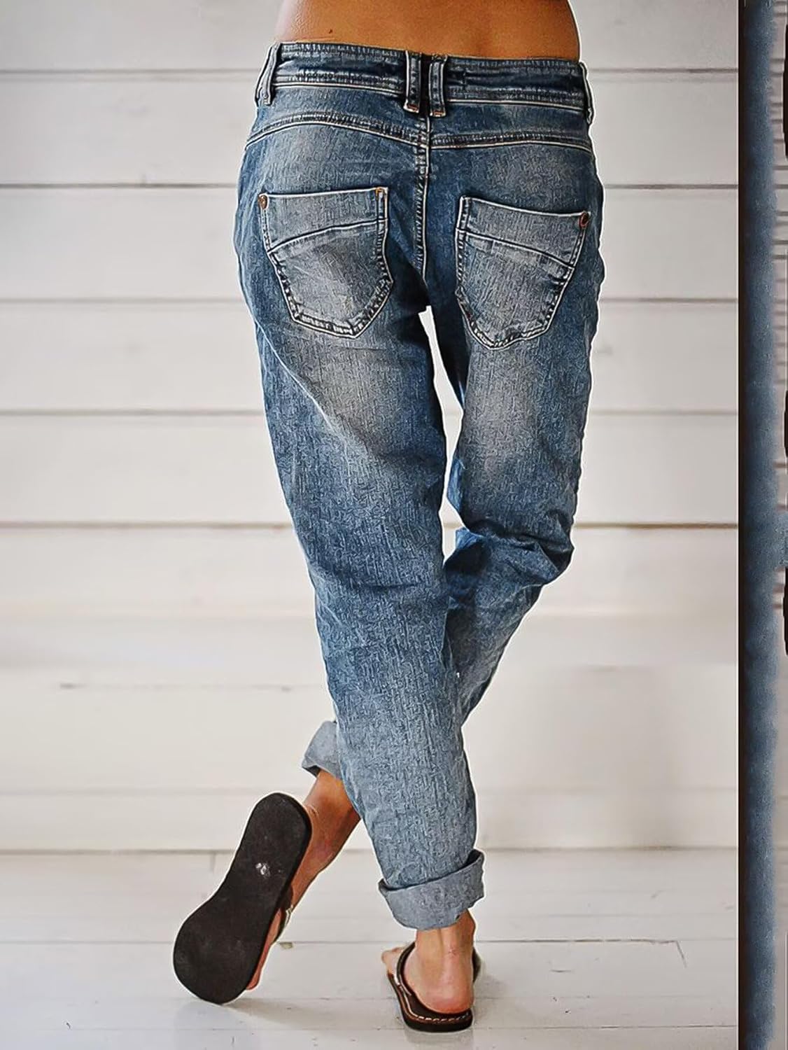 Flamingals Women’s Stretchy Straight Leg Casual Mid Rise Jeans Wash Button Fly Stitch Detail 90s Trendy Denim Jeans