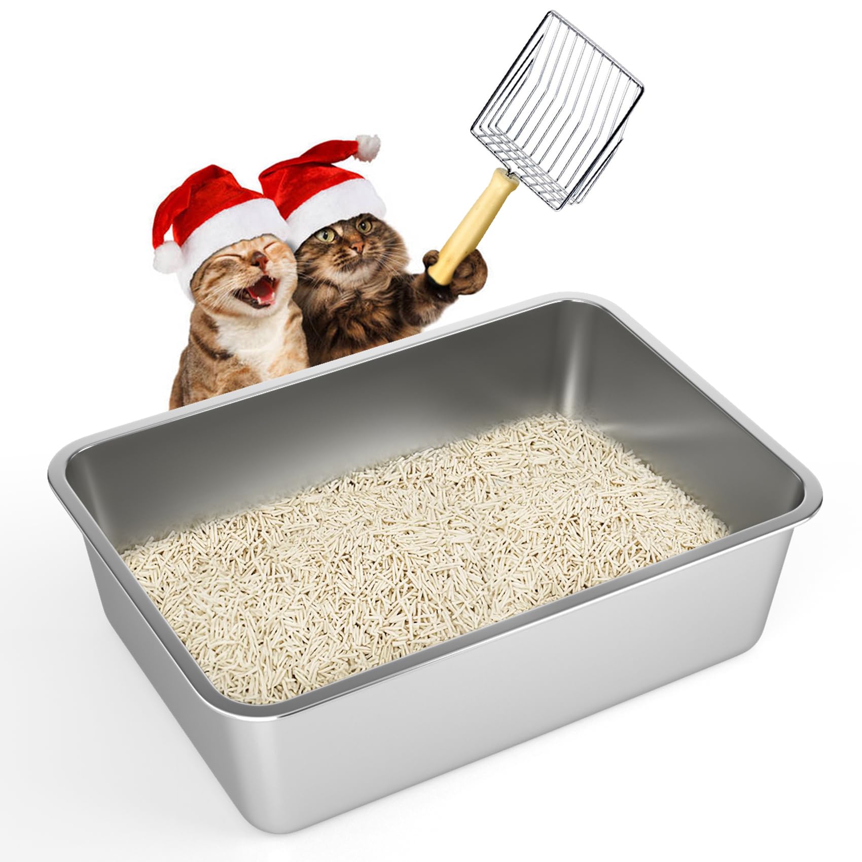 LIHONG Large Size Stainless Steel Litter Box for Cat and Rabbit,Metal Litter Box for Pet,Non Slip Rubber Absorbs Odor Kitty Cat Litter Pan, Easy to Clean 20L''×14W''×6H''