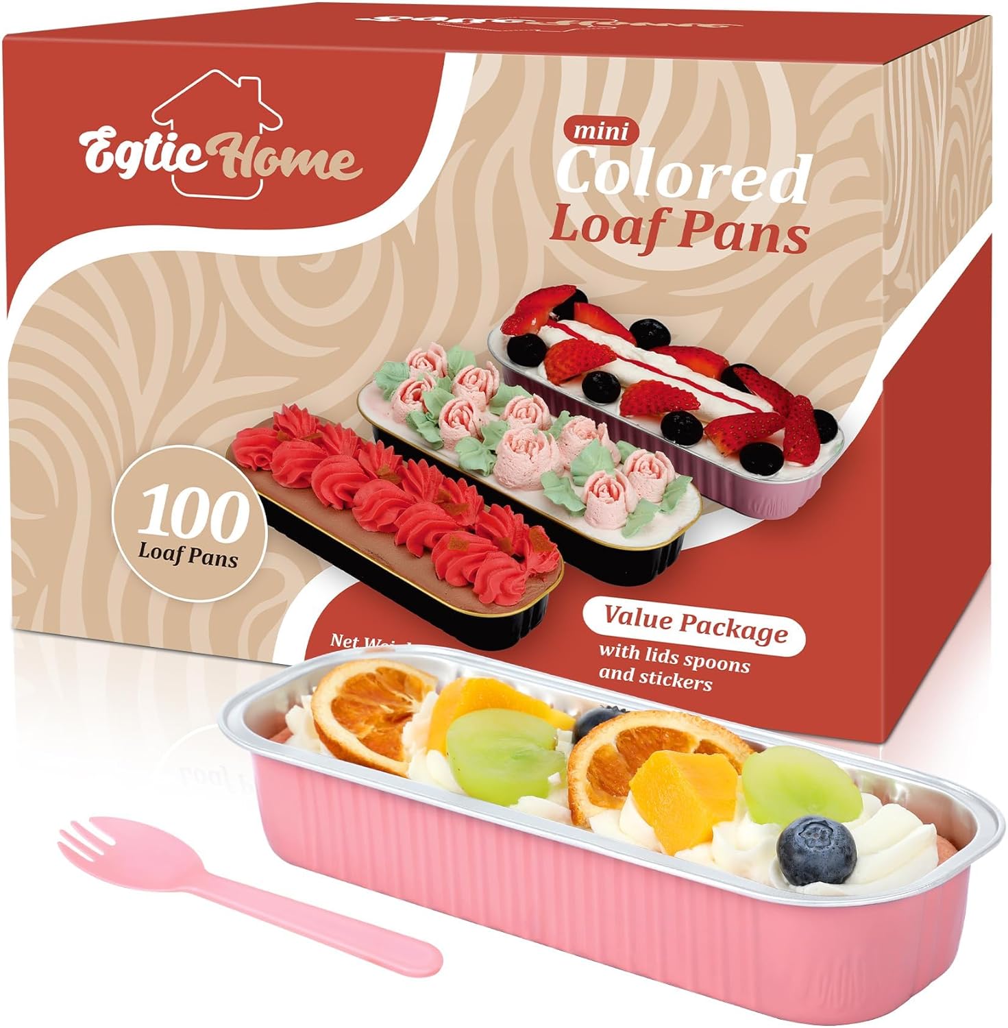 Mini Loaf Pans with Lids and Spoons (100 Pack, Pink, 6.8oz) Rectangular Aluminum Foil Baking Pans - Image 8