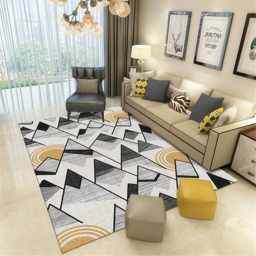 Tapis gris motif montagne jaune 100x200cm lavable et durable pour salon et salle à manger moderne