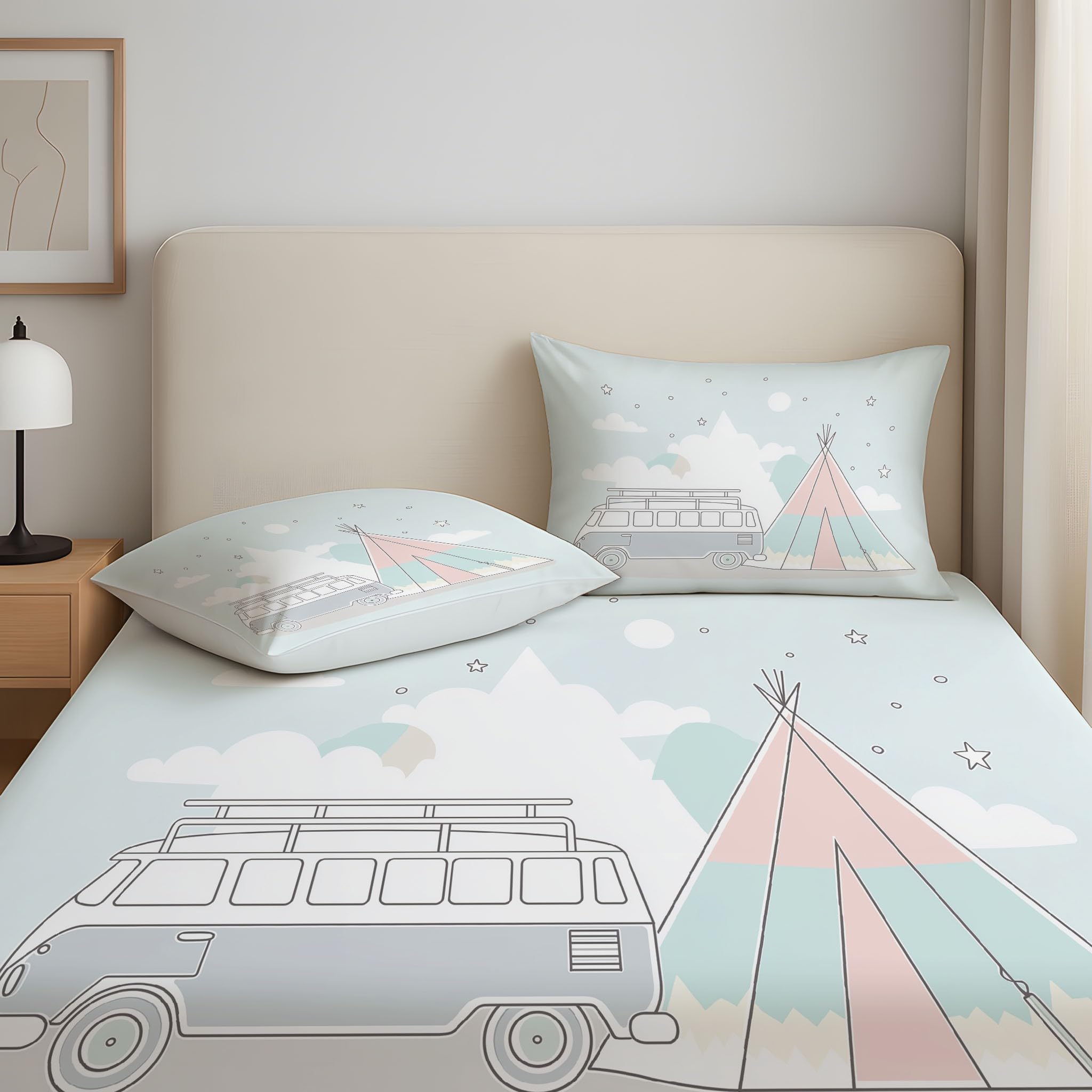 160 x 190 x 30 arkuszy Camper kurtyna gwiaździste niebo prześcieradło na jedną głęboką kieszeń 30 cm animacja odporna na blaknięcie zabawna przygoda prześcieradło dla dziewczynek jasnoniebieski