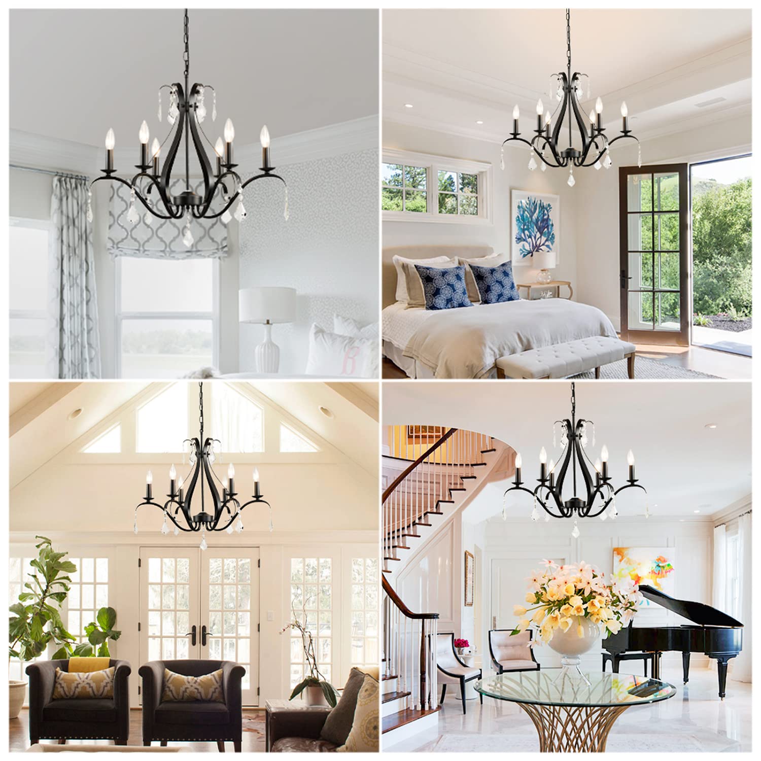 LynPon 6-Light Black Crystal Chandelier - Modern Farmhouse Pendant For Dining Room, Bedroom, Entryway
