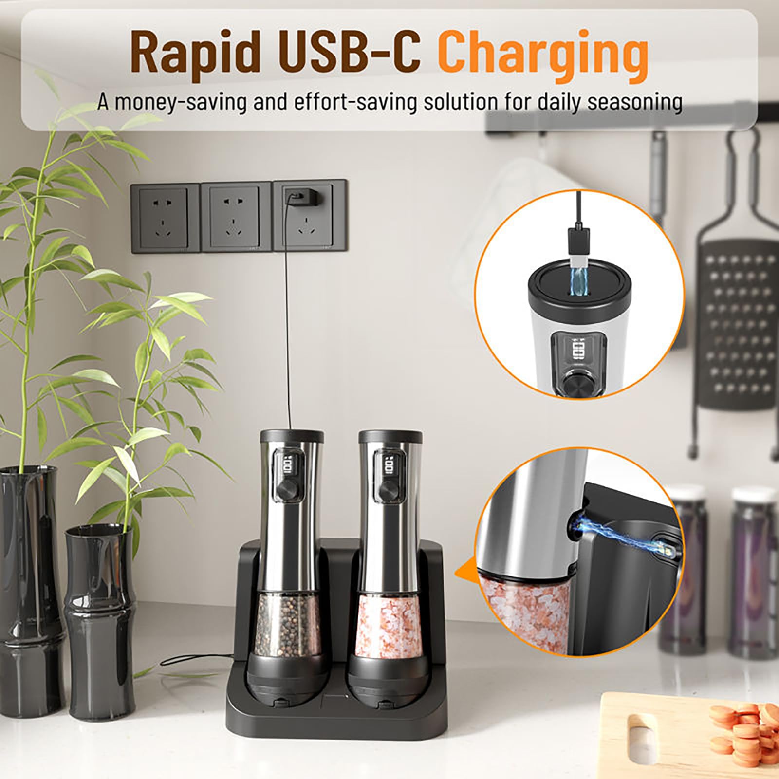 Set macina sale e pepe elettrico ricaricabile, 5 livelli di grossolanità regolabili, controllo a 2 velocità, display batteria, grande capacità 100 ml for la cucina domestica