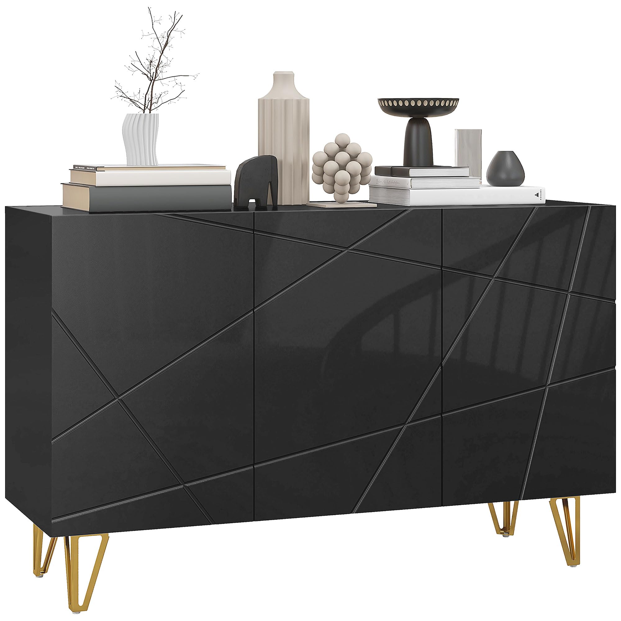 HOMCOM Mobile Contenitore con 2 Armadietti e Ripiano Regolabile a 3 Livelli, Credenza Moderna con Gambe in Metallo, 120x40x75 cm, Nero e Oro