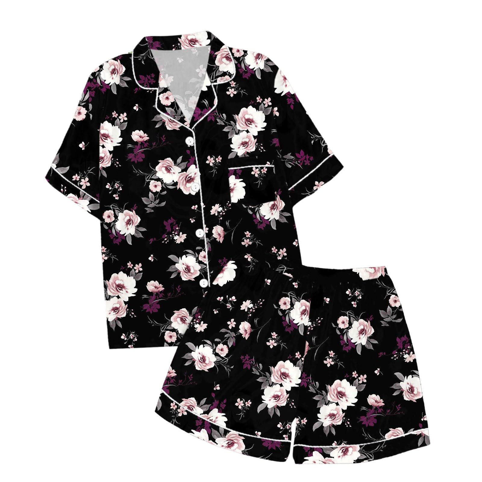 Generisch Conjuntos de pijama de satén de seda para mujer, manga corta, ropa de dormir con botones, parte superior y pantalones cortos (negro, L)