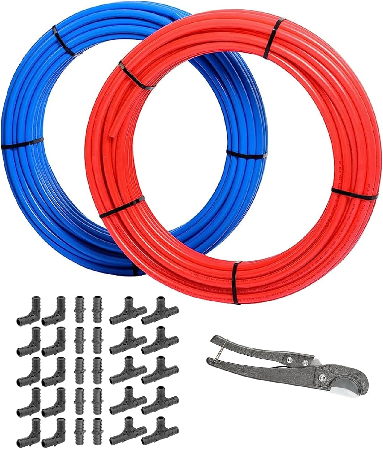 1/2 Inch PEX-B Pipe/Tool Kit, 200 ft Blue & Red PEX Tubing, 30 Brass Fittings, 100 Cinch Clamps, Clamp Tool, Pipe Cutter