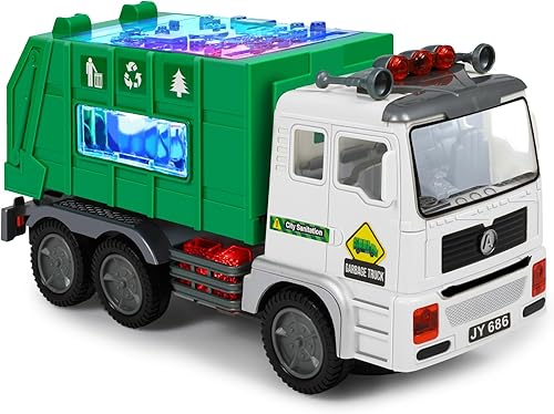 Camión de basura con música, luz LED 4D, juguetes de luz automática con luz LED, camión de basura, motor de empuje, vehículo, camión de basura para