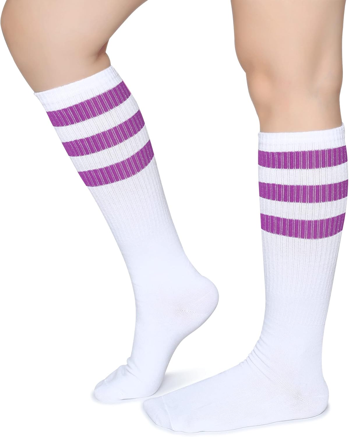 Henwarry Classic Triple Stripes Over the Calf Cotton Retro Tube Socks for Men and Women (A09-Purple/White): Clothing
