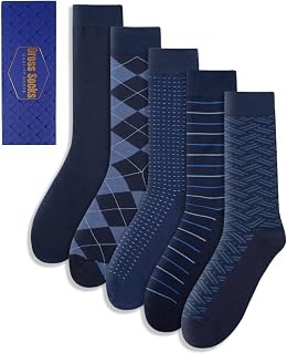 ZhiNuSi Men's Patterned Dress Socks - 5 Pairs Classic Business Crew Cotton Socks, Comfortable Fit US 8-13 for Work & Gifts