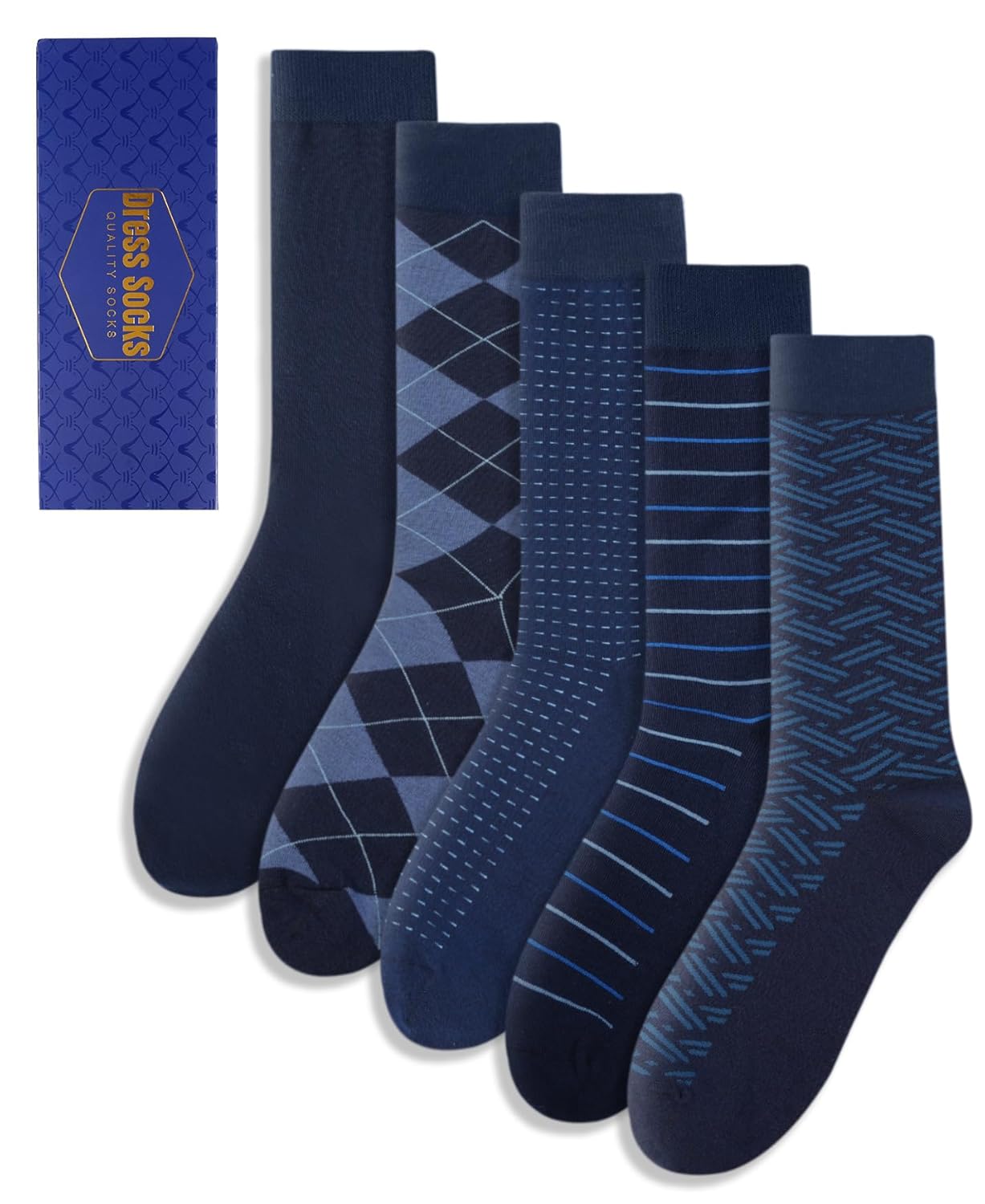 Mens Dress Socks Classic Patterned Business Crew Cotton Socks for Father Husband Birthday Gifts 5 Pairs