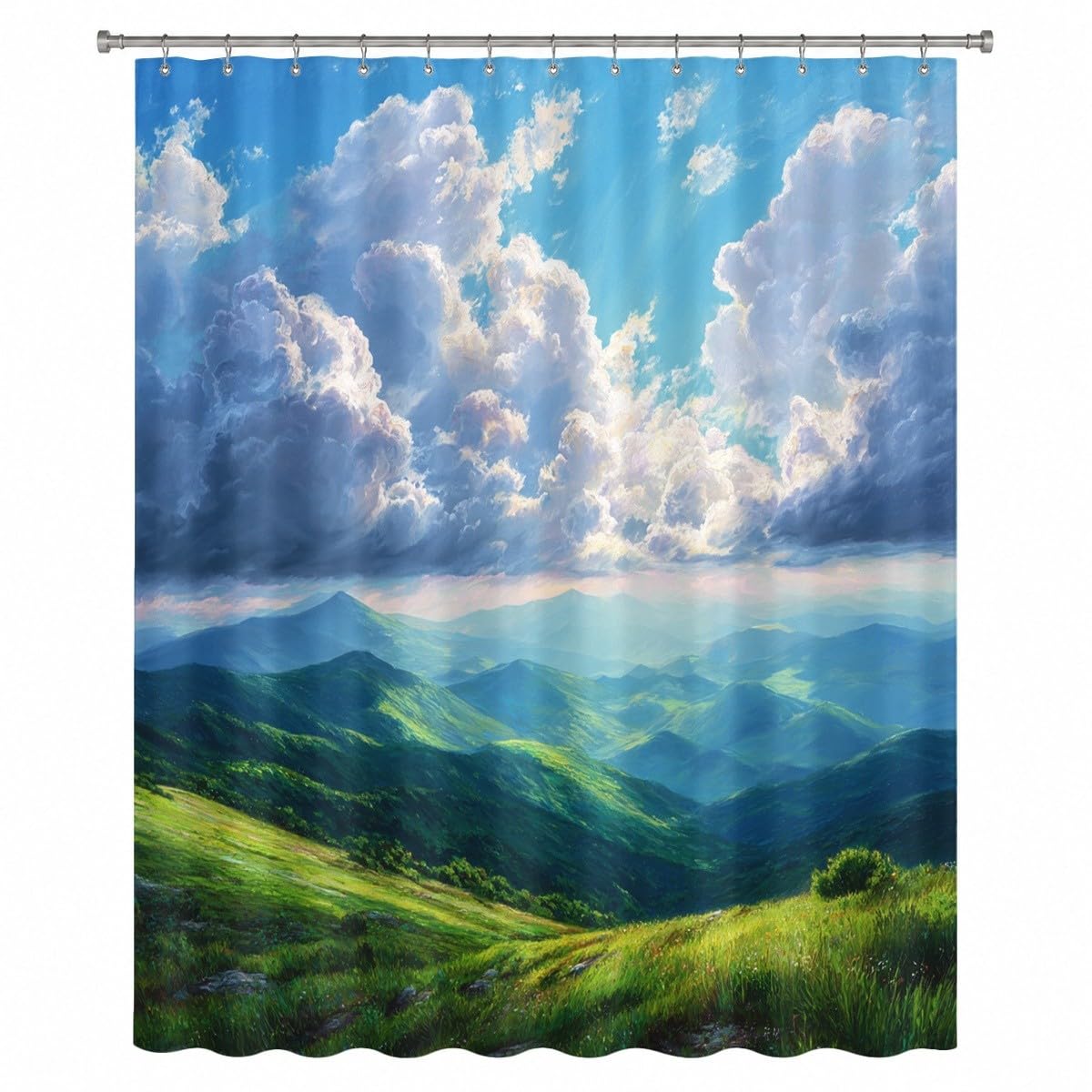 Blu Verde Tenda da Doccia 240x200 cm Poliestere Antimuffa e Lavabile | Cielo Azzurro Montagne Paesaggio Impermeabile Facile da Pulire Asciugatura Rapida per Vasca da Bagno e Box Doccia