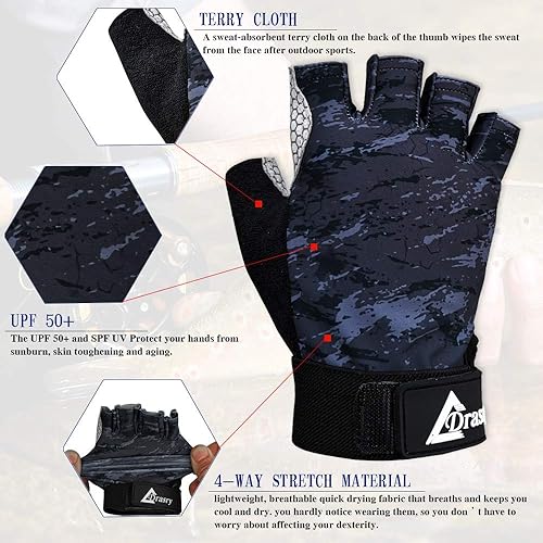 Miniatura 10 de Drasry Guantes de pesca UV sin dedos, protección solar para hombres y mujeres, UPF50+SPF para pesca, kayak, remo, senderismo, vela, conducción, canoa