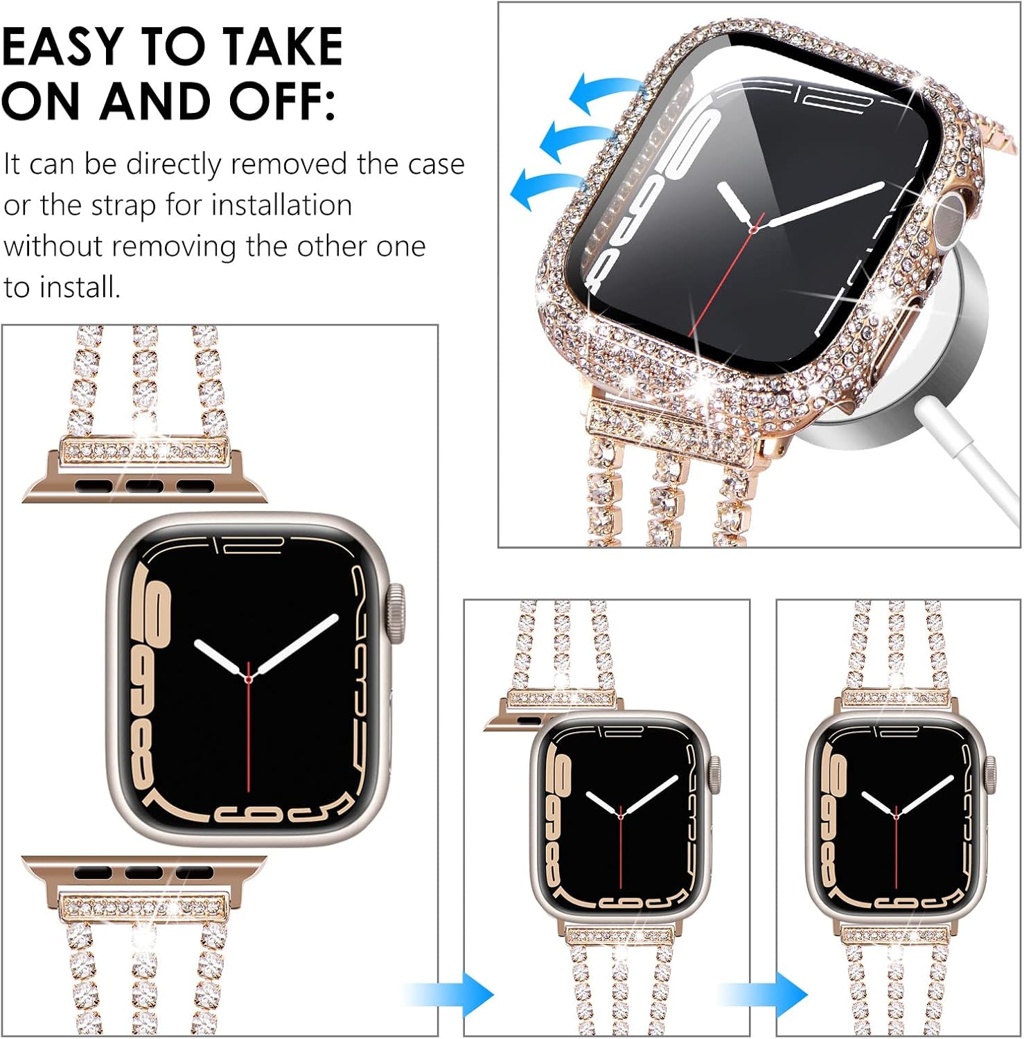 KADES Band with Case Compatible for Apple Watch Series 10 46mm/42mm Series 9 8 7 45mm/41mm Series 6 5 4 SE 44mm/40mm Series 3 2 1 42mm/38mm, Sparkling Bling Diamond Bands with Full Diamonds Case