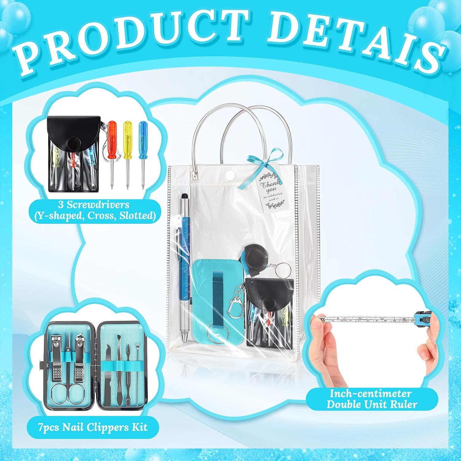 ベビーシャワー賞品6点セット マルチツールペン 爪切りキット ボトルオープナー スクリュードライバーテープ メジャーギフトバッグ ベ