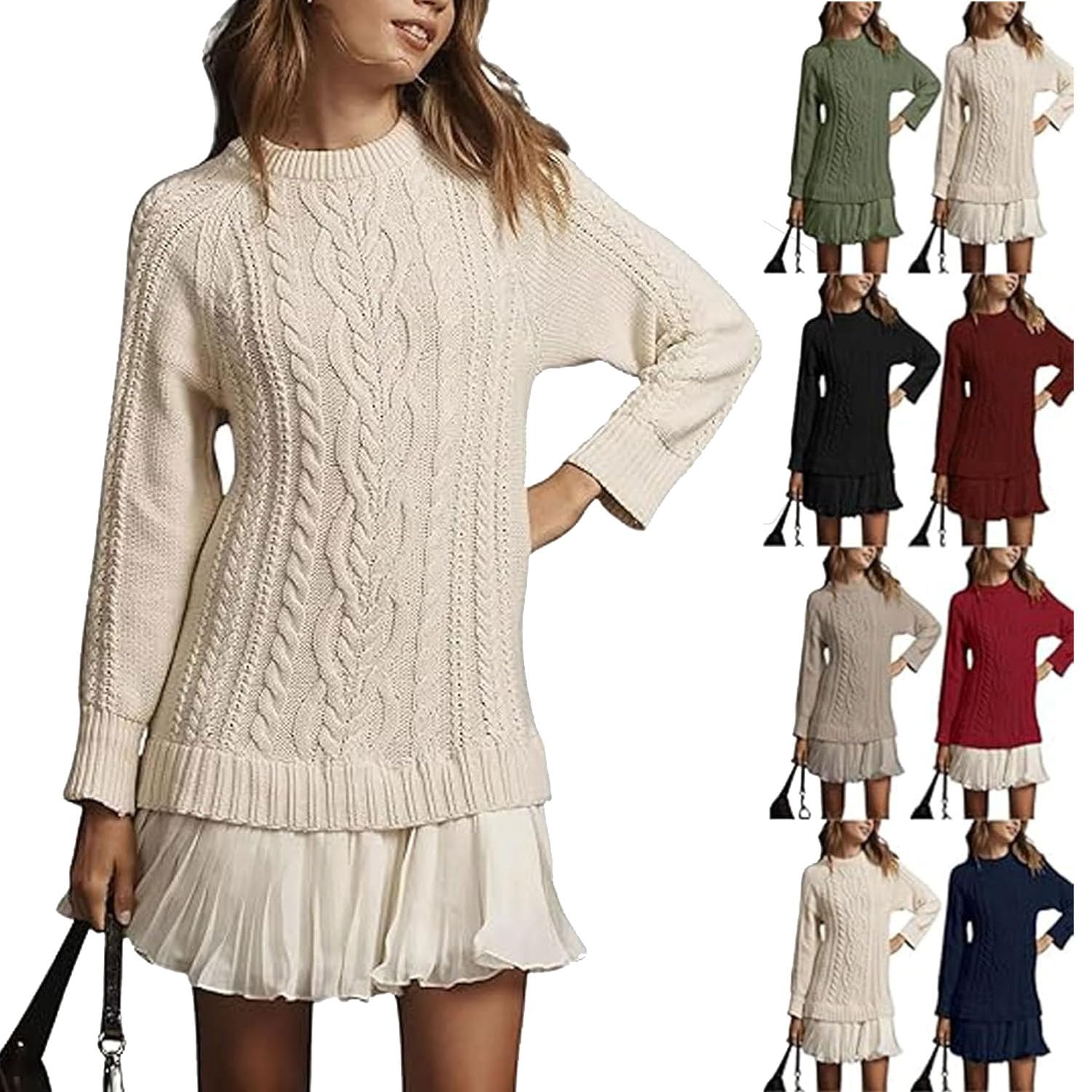 Vestido Mini de Punto Trenzado con Cuello Redondo para Mujer, Vestido Informal de Punto Trenzado con Cuello Redondo y Manga Larga para Mujer, Traje de otoño (Beige,3XL)