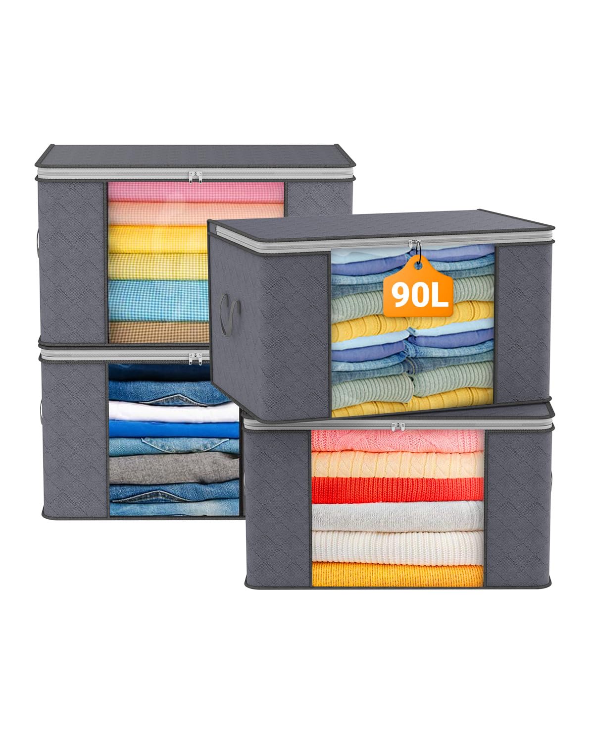 90L Large Capacity Clothes Storage Bags with Zips, Storage Boxes with Lids, Reinforced Handle, Foldable, Thick Fabric, for Comforters, Clothes, Blankets, Bedding, 4 Pack, Dark Grey
