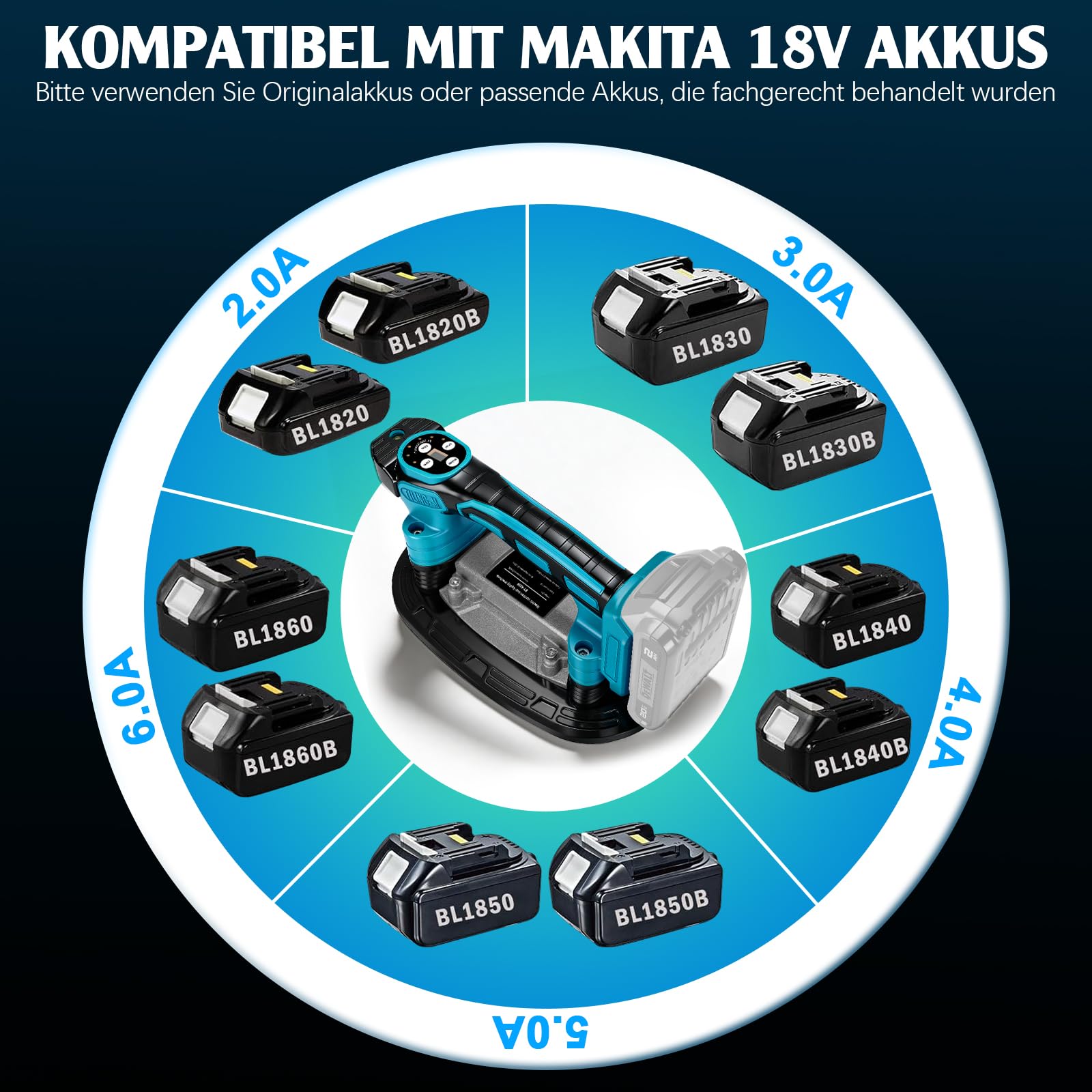 2 IN 1 Akku Fliesenrüttler & Saugnäpfen mit 2x2.0Ah Akkus, 250KG Saugkraft