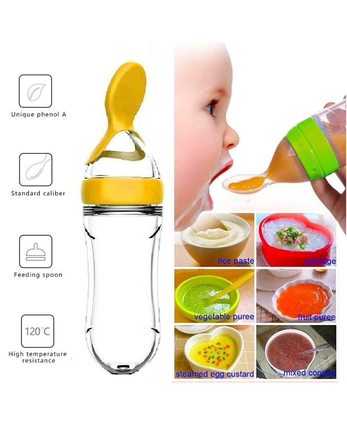 GRAYSEE Baby Safe Silicone Squeeze Fresh Food Feeder Bottle with Food Dispensing Spoon, Infant Food Nibbler Teething Toy Feeding Pacifier, CMB01 Pack of 2 (Yellow) - Image 2 thumbnail