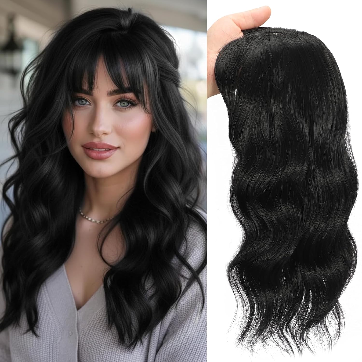 Hair Toppers for Women, 18 Inch 360° 3D Synthetic Clip in Bangs Topper Long Wavy Curly Hair Pieces Adding Volume（Black）