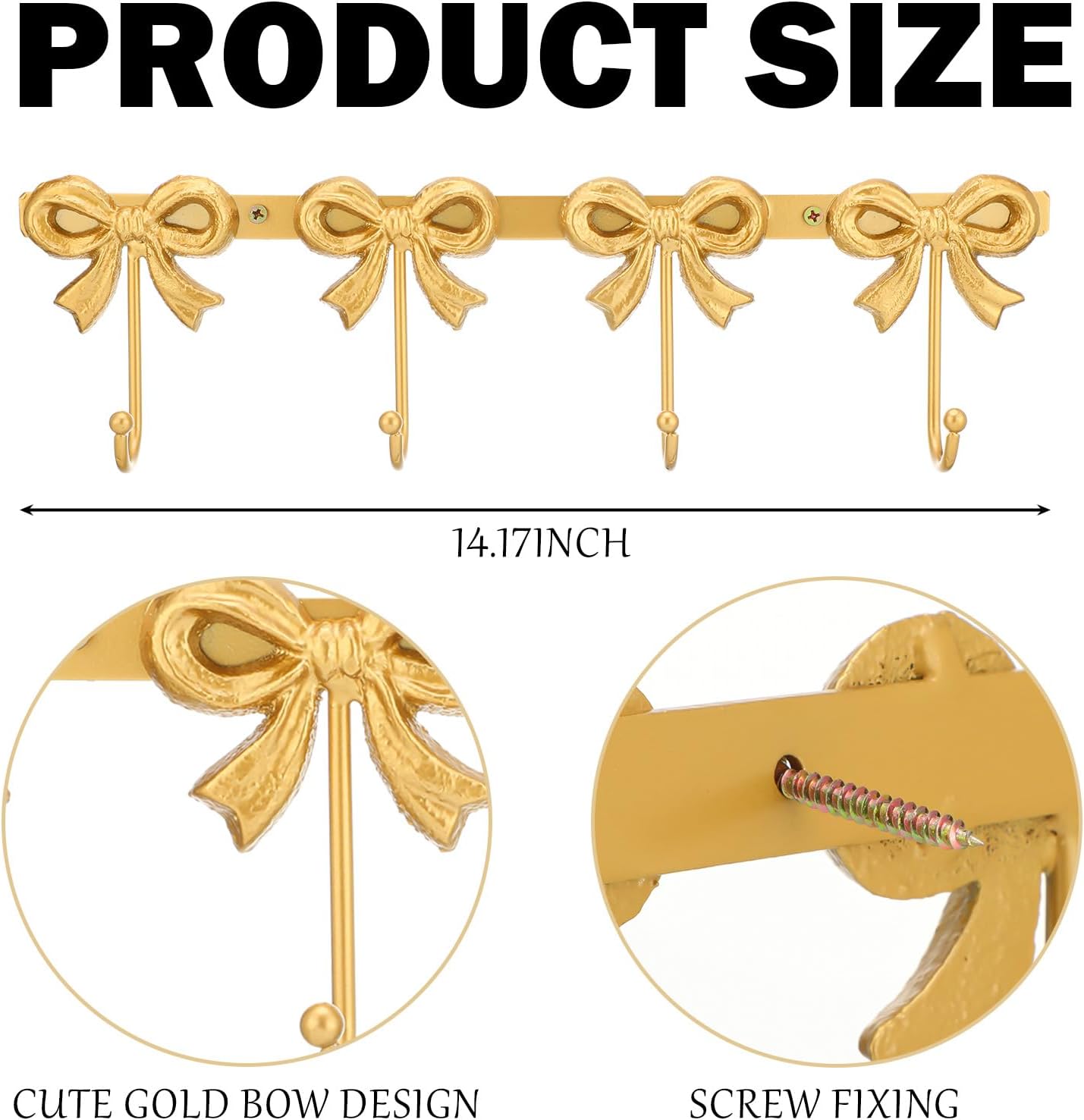 2 Pack Gold Bow Hooks Coat Rack Wall Mounted Metal 4 Hooks Coquette Bowknot Wall Hanger Nursery Bedroom Bathroom Living Room Kitchen Home Decor for Hanging Coats Hat Towels Purse Bag Keys
