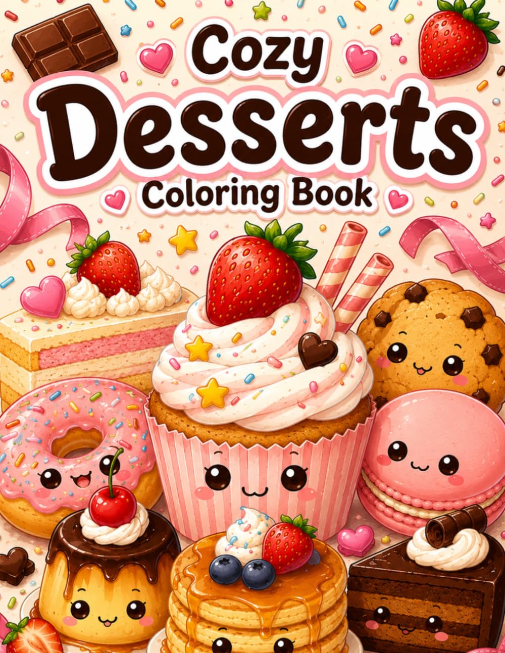 Cozy Desserts Coloring Book: 100 Cute and Easy Kawaii Dessert Designs for Relaxation and Stress Relief