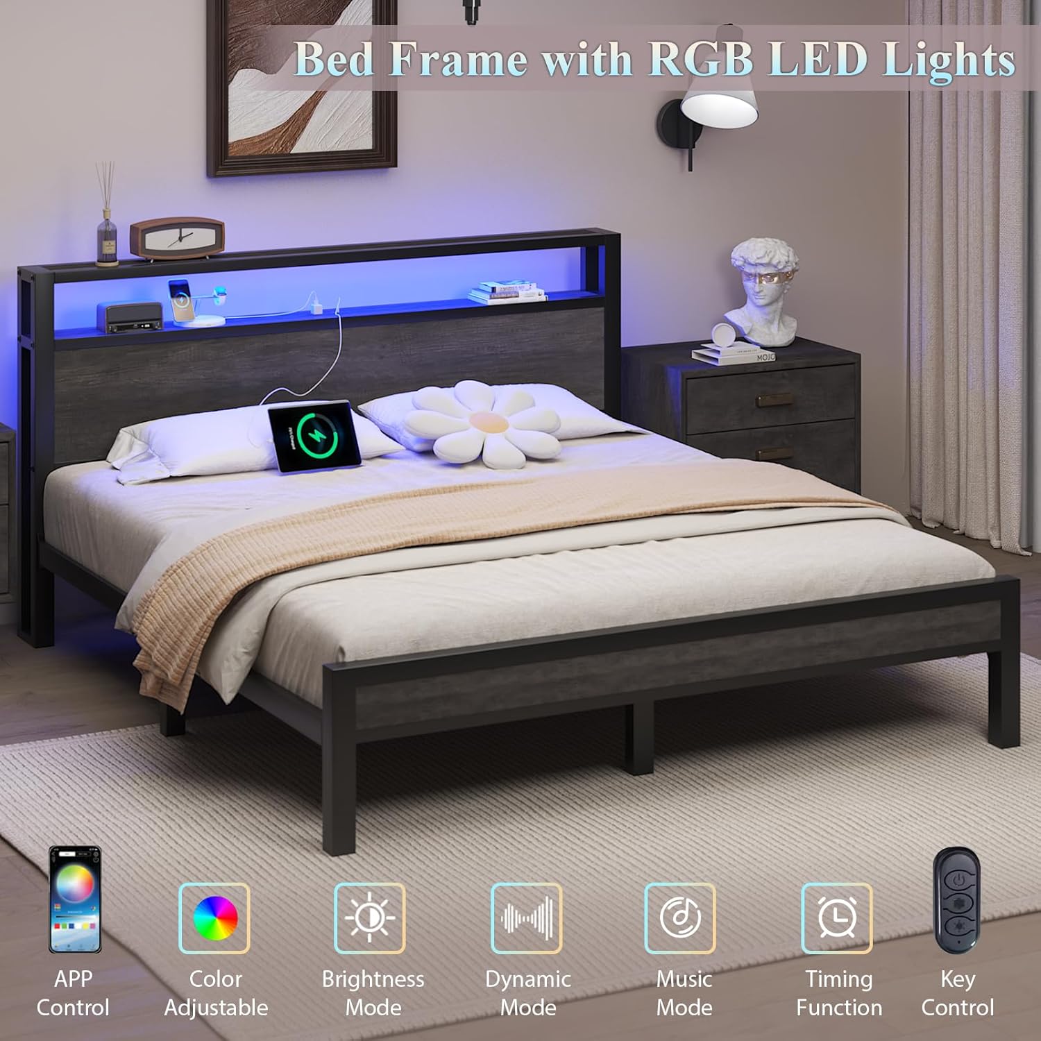 Bed frame with LED lights illuminating the headboard storage, showing icons for APP Control, Color Adjustable, Brightness Mode, Dynamic Mode, Music Function, Timing Function, and Key Control.