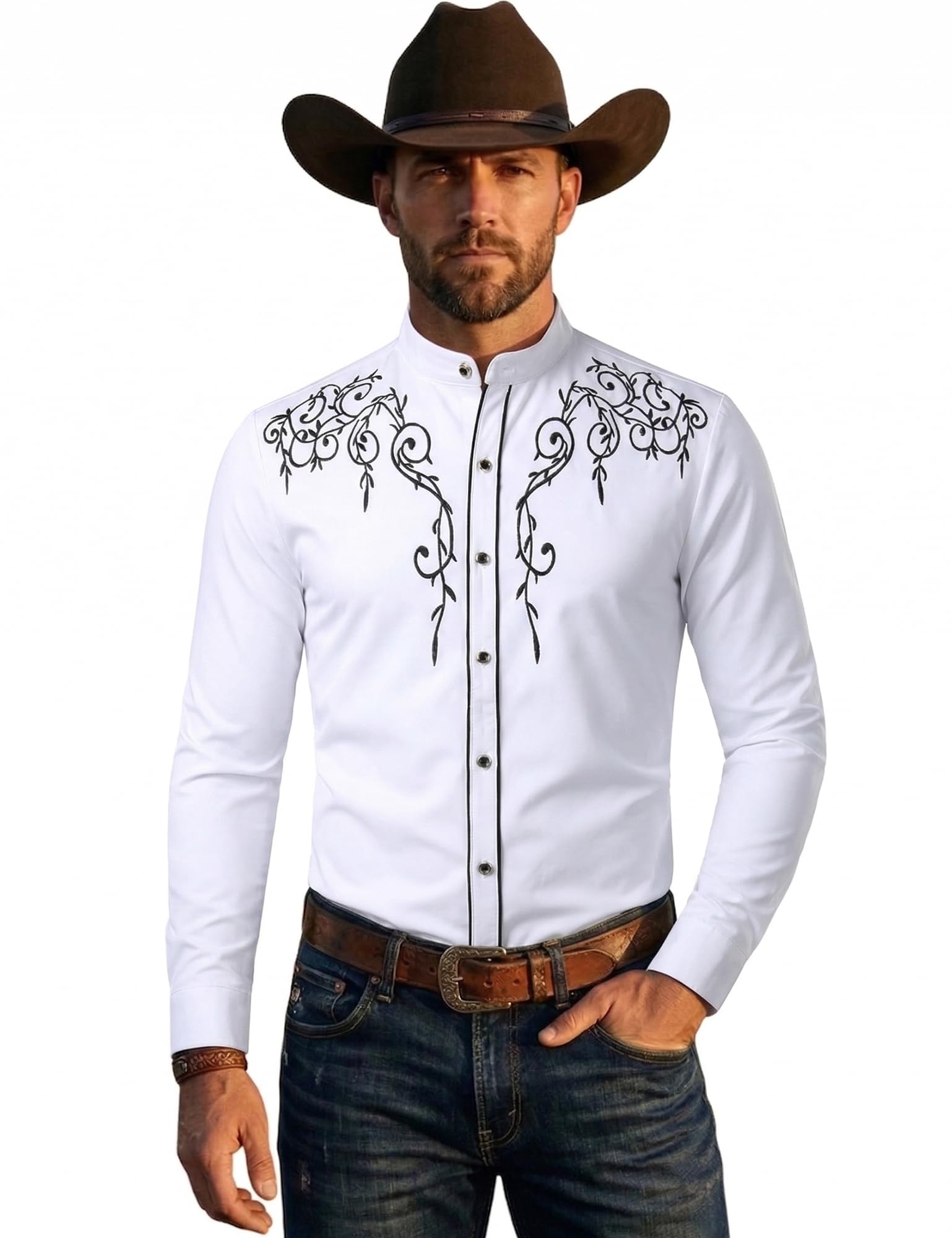 ZEROYAA Mens Western Design Floral Embroidery Slim Fit Long Sleeve