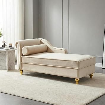 60.6Velvet Chaise Lounge Indoor, Modern Velvet Lounge Chair with Left Armrest & Lumbar Pillow,Button Tufted Lounge Sofa with Storage for Bedroom, Living Room and Office,Beige