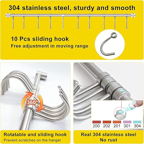 Miniatura 6 de Estante colgante de cocina, soporte para ollas de pared de 20 pulgadas con 10 ganchos deslizantes silenciosos, organizador de rieles para utensilios