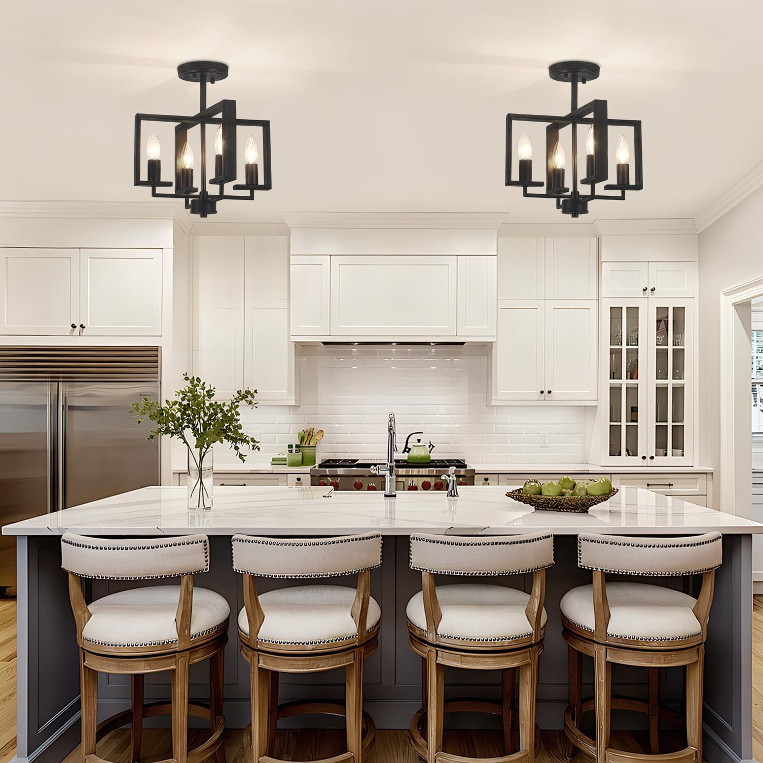 TOULMJ Black Semi Flush Mount Ceiling Light Fixture, 4-Light Farmhouse Hallway Light Fixtures Modern Light Fixture Metal Geometric for Kichen Island Entryway Dining Laundry Room, 12.6 in