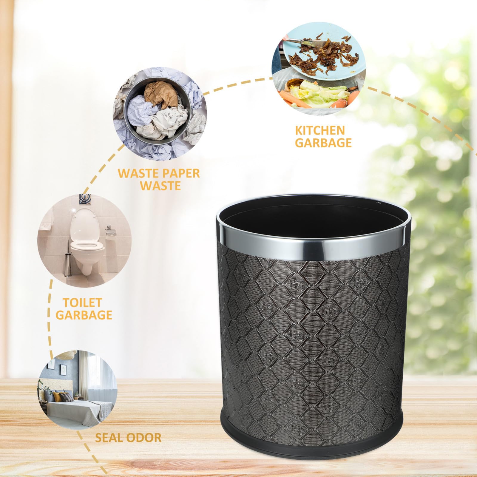 NUOBESTY Cubo de Basura de Plástico Negro, Redondo, sin Tapa para Hogar